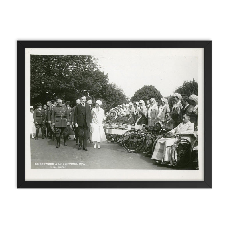 President Calvin Coolidge and Mrs Coolidge visit Walter Reed Hospital framed print on a plain backdrop in size 18