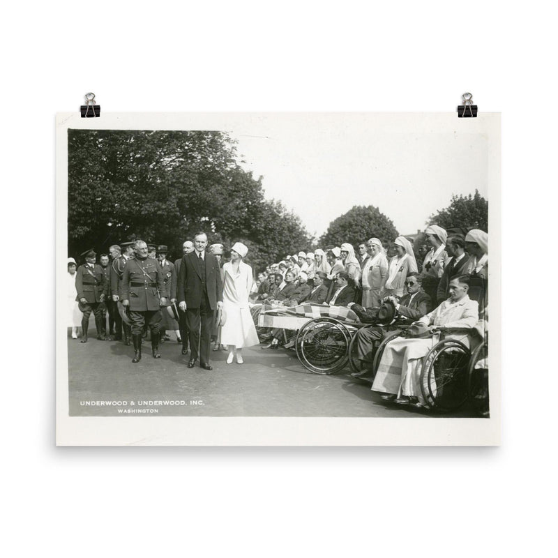 President Calvin Coolidge and Mrs Coolidge visit Walter Reed Hospital poster on a plain backdrop in size 8