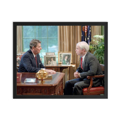 President Ronald Reagan Meets Senate Candidate John McCain in the Oval Office, 1986 framed print on a plain backdrop in size 16"x20".
