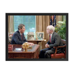 President Ronald Reagan Meets Senate Candidate John McCain in the Oval Office, 1986 framed print on a plain backdrop in size 18"x24".