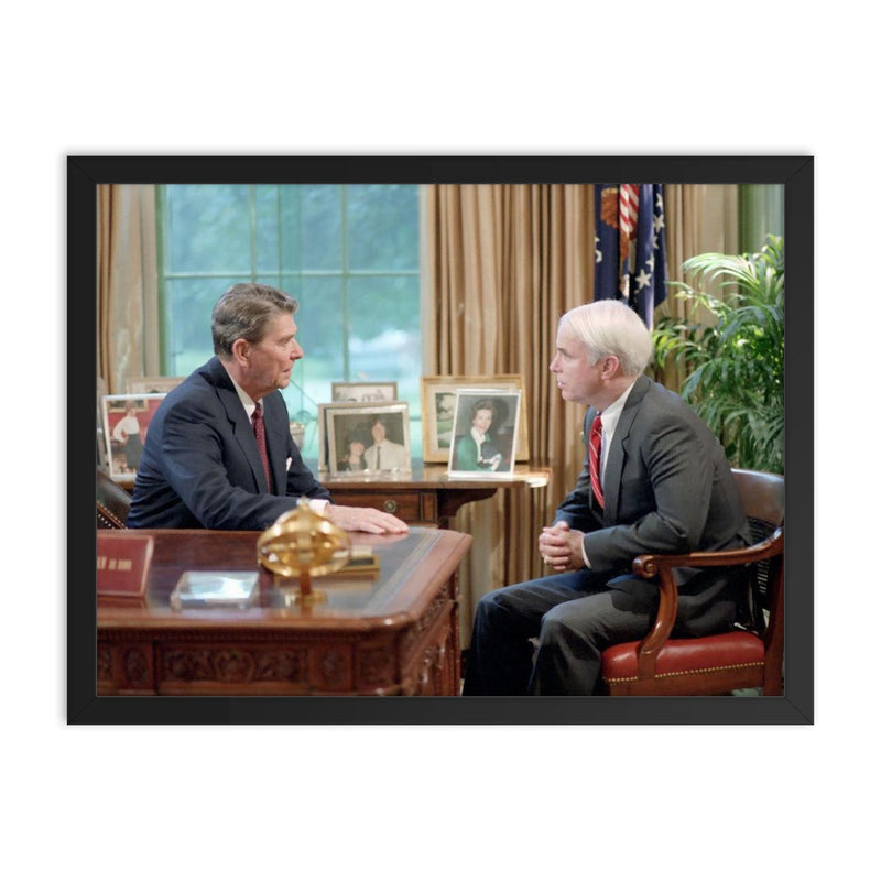 President Ronald Reagan Meets Senate Candidate John McCain in the Oval Office, 1986 framed print on a plain backdrop in size 18
