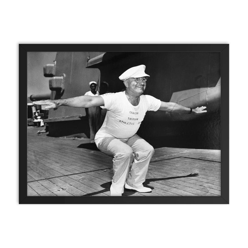 President Truman Leading Exercises on the USS Missouri, 1947 framed print on a plain backdrop in size 18