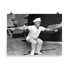 President Truman Leading Exercises on the USS Missouri, 1947 poster on a plain backdrop in size 8"x10".