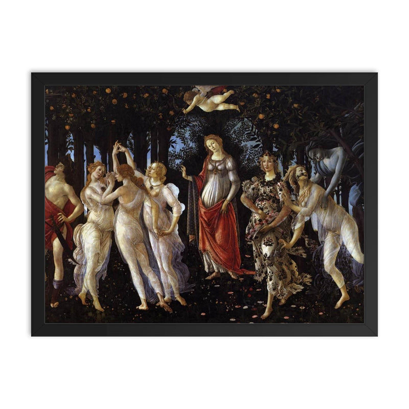Primavera by Sandro Botticelli, late 1470s or early 1480s framed print on a plain backdrop in size 18