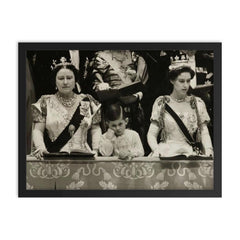 Prince Charles at Queen Elizabeth's Coronation with Queen Mother and Princess Margaret, 1953 framed print on a plain backdrop in size 18"x24".