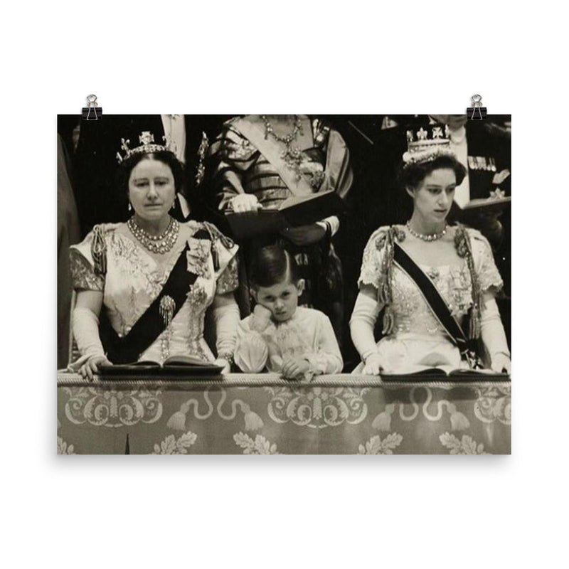 Prince Charles at Queen Elizabeth's Coronation with Queen Mother and Princess Margaret, 1953 poster on a plain backdrop in size 8