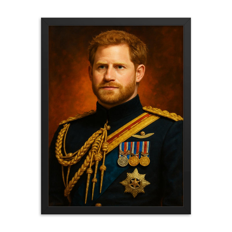 Prince Harry framed print on a plain backdrop in size 18
