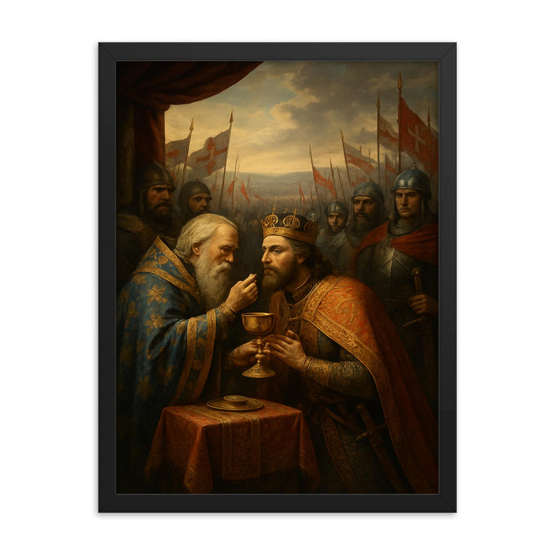 Prince Lazar at Kosovo communion before battle framed print on a plain backdrop in size 18
