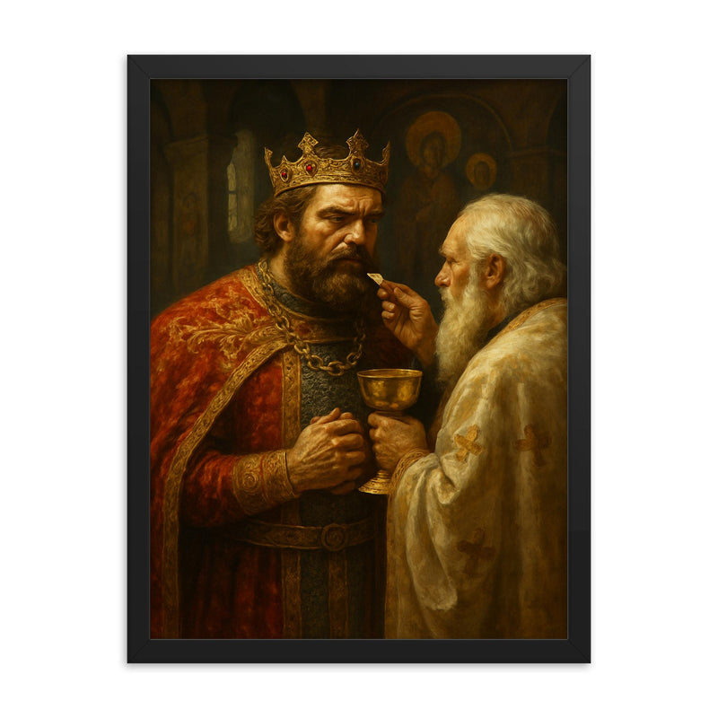Prince Lazar before Kosovo communion framed print on a plain backdrop in size 18