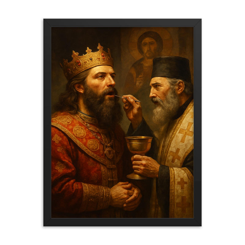Prince Lazar before Kosovo communion framed print on a plain backdrop in size 18