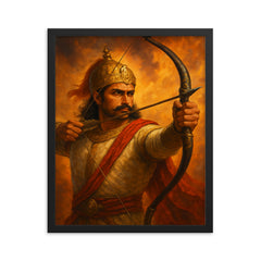 Prithviraj Chauhan drawing the final arrow framed print on a plain backdrop in size 16"x20".