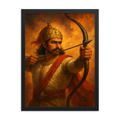 Prithviraj Chauhan drawing the final arrow framed print on a plain backdrop in size 18"x24".