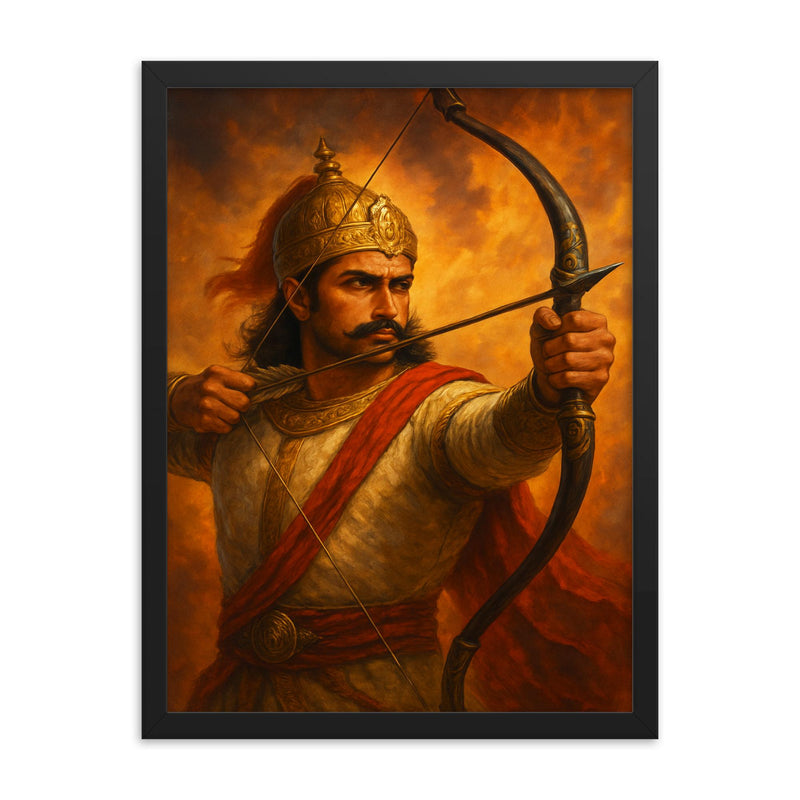 Prithviraj Chauhan drawing the final arrow framed print on a plain backdrop in size 18