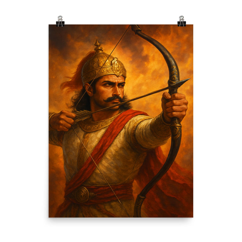Prithviraj Chauhan drawing the final arrow poster on a plain backdrop in size 8