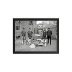 Prohibition Agents pose with a large still and equipment seized from a moonshine operation, Washington, DC 1922 framed print on a plain backdrop in size 12"x16".