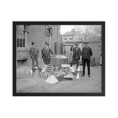 Prohibition Agents pose with a large still and equipment seized from a moonshine operation, Washington, DC 1922 framed print on a plain backdrop in size 16"x20".