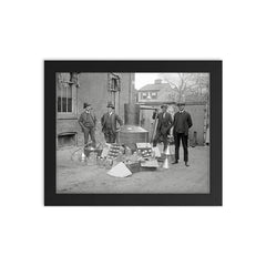 Prohibition Agents pose with a large still and equipment seized from a moonshine operation, Washington, DC 1922 framed print on a plain backdrop in size 8"x10".
