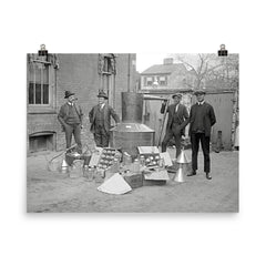 Prohibition Agents pose with a large still and equipment seized from a moonshine operation, Washington, DC 1922 poster on a plain backdrop in size 8"x10".