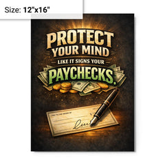 Protect your mind like it signs your paychecks metal print on a plain backdrop in size 12"x16".