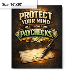 Protect your mind like it signs your paychecks metal print on a plain backdrop in size 16"x20".