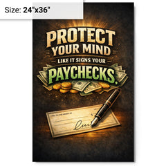 Protect your mind like it signs your paychecks metal print on a plain backdrop in size 24"x36".