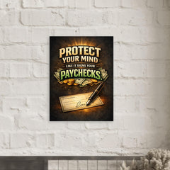 Protect your mind like it signs your paychecks metal print mockup