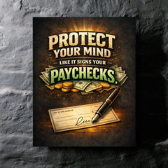 Protect your mind like it signs your paychecks metal print mockup