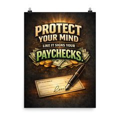 Protect your mind like it signs your paychecks poster on a plain backdrop in size 8"x10".