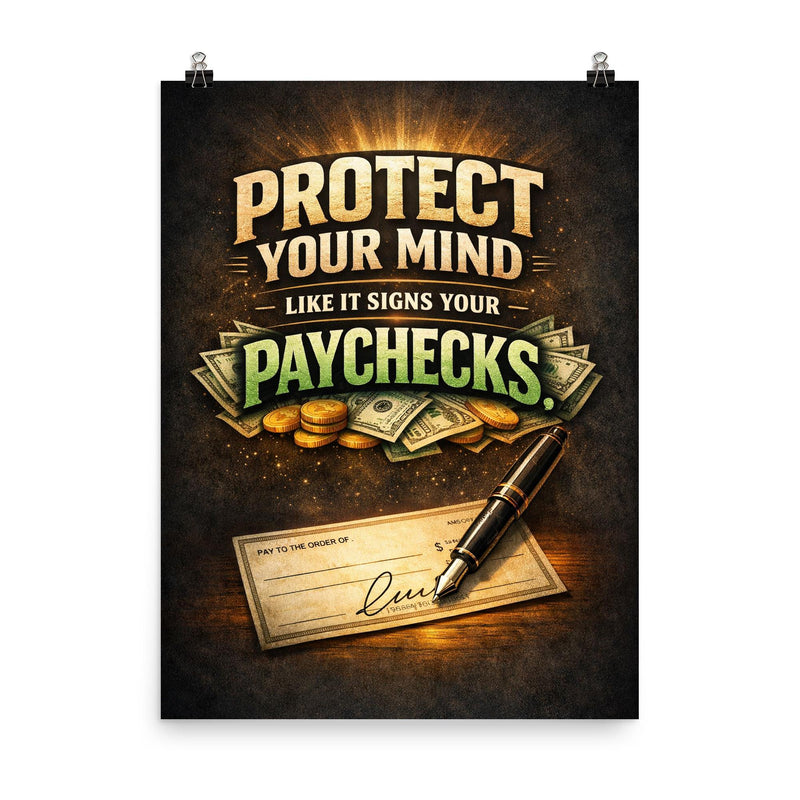 Protect your mind like it signs your paychecks poster on a plain backdrop in size 8