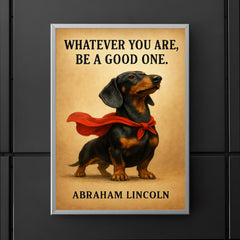 proud dachshund in superhero cape with lincoln quote whatever you are be a good one inspiring poste poster 5
