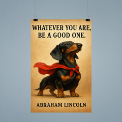 proud dachshund in superhero cape with lincoln quote whatever you are be a good one inspiring poste poster 9