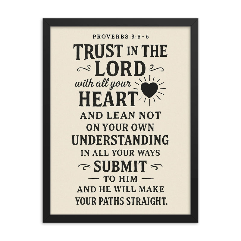 Proverbs 35 6 Trust in the LORD with all your heart and lean not on your own understanding in all your ways submit to him and he will make your paths straight framed print on a plain backdrop in size 18
