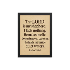 Psalm 231 2 The LORD is my shepherd I lack nothing He makes me lie down in green pastures he leads me beside quiet waters framed print on a plain backdrop in size 12"x16".