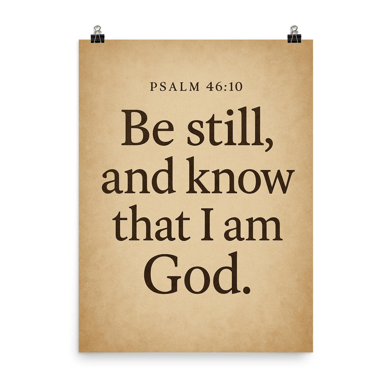 Psalm 4610 Be still and know that I am God poster on a plain backdrop in size 8