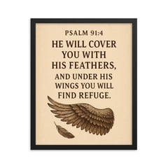 Psalm 914 He will cover you with his feathers and under his wings you will find refuge framed print on a plain backdrop in size 16"x20".