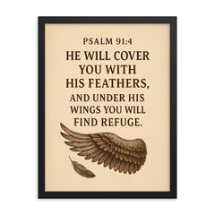 Psalm 914 He will cover you with his feathers and under his wings you will find refuge framed print on a plain backdrop in size 18"x24".