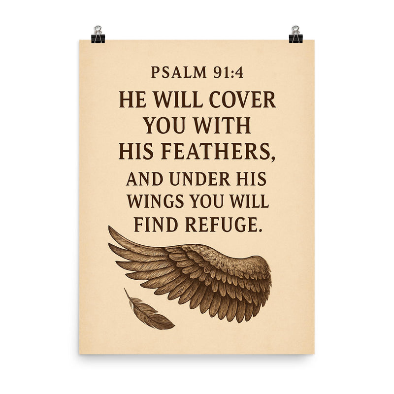 Psalm 914 He will cover you with his feathers and under his wings you will find refuge poster on a plain backdrop in size 8