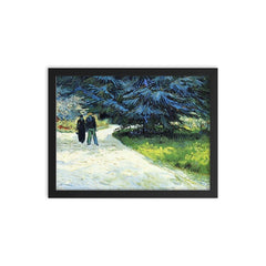 Public Garden with Couple and Blue Fir Tree by Vincent van Gogh, 1888 framed print on a plain backdrop in size 12"x16".