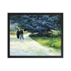 Public Garden with Couple and Blue Fir Tree by Vincent van Gogh, 1888 framed print on a plain backdrop in size 16"x20".