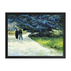 Public Garden with Couple and Blue Fir Tree by Vincent van Gogh, 1888 framed print on a plain backdrop in size 18"x24".