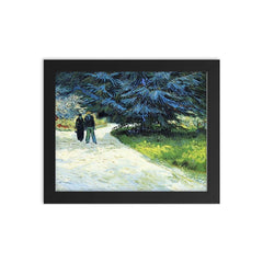 Public Garden with Couple and Blue Fir Tree by Vincent van Gogh, 1888 framed print on a plain backdrop in size 8"x10".