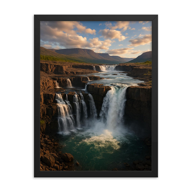 Putorana Plateau Waterfalls Russia framed print on a plain backdrop in size 18