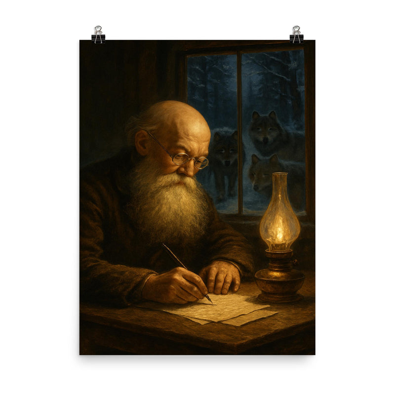 Pyotr Kropotkin writing by lamplight with wolves outside poster on a plain backdrop in size 8