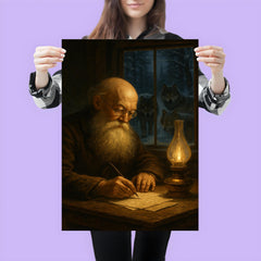 Pyotr Kropotkin writing by lamplight with wolves outside poster 3