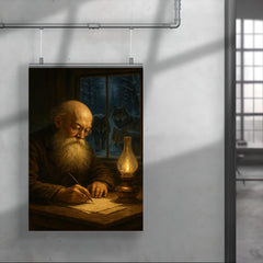 Pyotr Kropotkin writing by lamplight with wolves outside poster 4