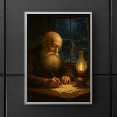 Pyotr Kropotkin writing by lamplight with wolves outside poster 5