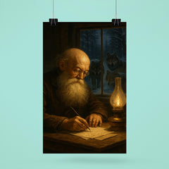 Pyotr Kropotkin writing by lamplight with wolves outside poster 6