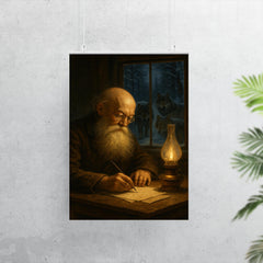 Pyotr Kropotkin writing by lamplight with wolves outside poster 7