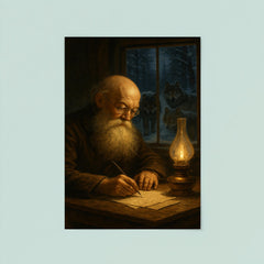 Pyotr Kropotkin writing by lamplight with wolves outside poster 8
