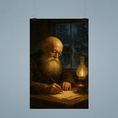 Pyotr Kropotkin writing by lamplight with wolves outside poster 9